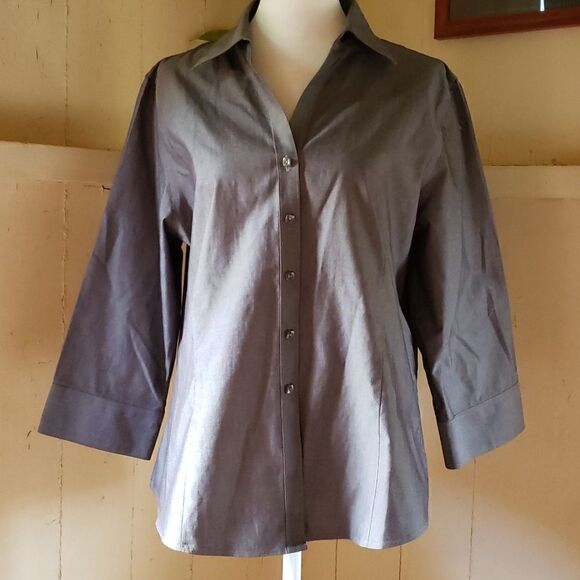 FOXCROFT Gray Office 3/4 Sleeve Non-Iron Fitted Collared Cotton Button-Up 12P - Picture 1 of 11